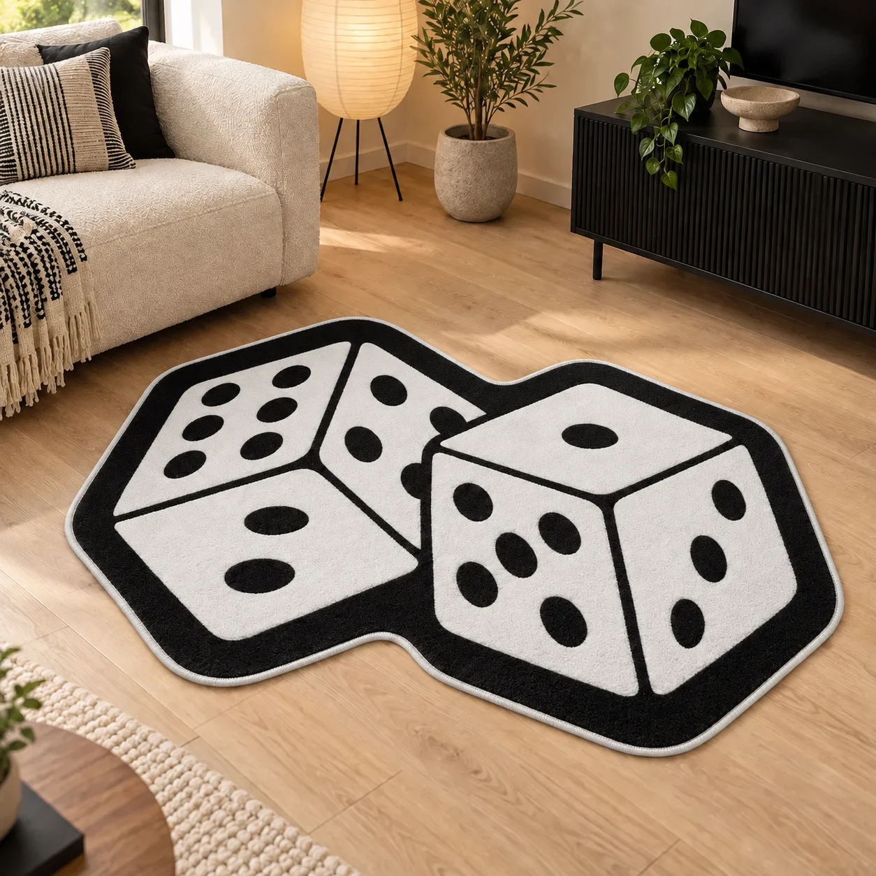 Black And White Dice Shaped Floor Mat, Fun Irregular Flannel Rug For Bedroom Living Room Game Room Entryway Home Decor Gift