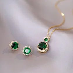 Luxury Fashion Emerald Zircon Round Pendant Necklace Earrings Set Titanium Steel Chain Valentine's Day Gift Jewelry Set