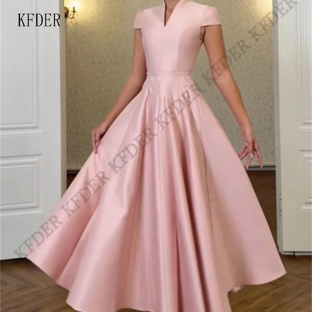 Light Pink A Line Ankle Length Evening Dresses Women Cap Sleeves Soft Satin Foraml Party Dress Customized robes de soirée