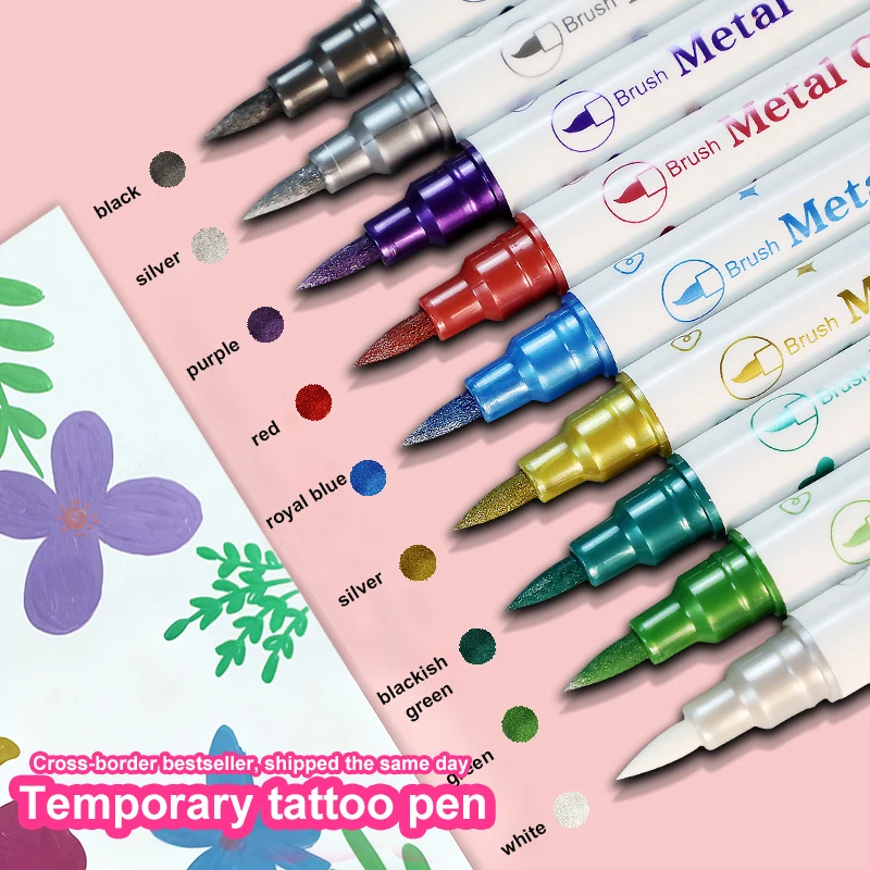 Temporary Tattoo Pen Kit,Glitter Marker Pens with 10 Colors Marker Pens & 4 Sheets Templates For Body & Face Art Tattoo Makeup