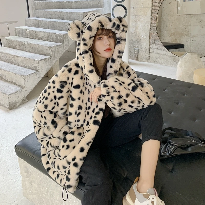 Korean Leopard Print Hooded Short Imitation Rabbit Fur Coat Winter Women Loose Casual Long Sleeve Thicken Warm Faux Fur Outwear