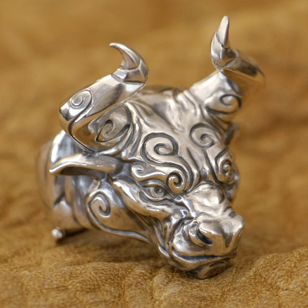 

925 Sterling Silver Huge Bull Punk Ring TK389 Open US Size 8~15