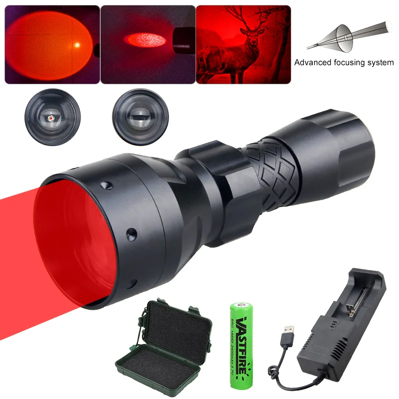 Vastfire Zoomable 500 Yards Weapon Light LED WHITE Tactical Hunting Flashlight Gun Light+18650 Battery+USB Charger+Box