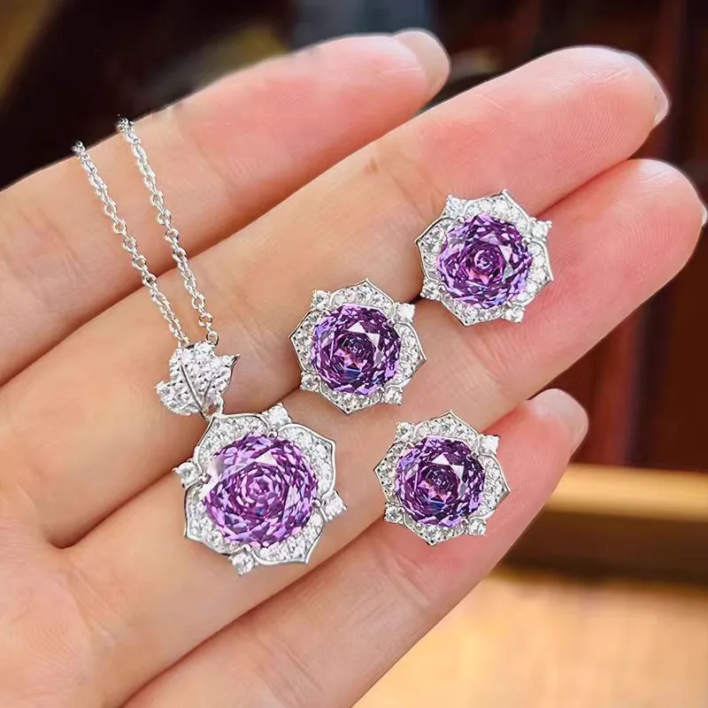 

Rose Cut Purple Spodumene Octagonal Zircon Flower Necklace Pendant Light Luxury Open Ring Earrings
