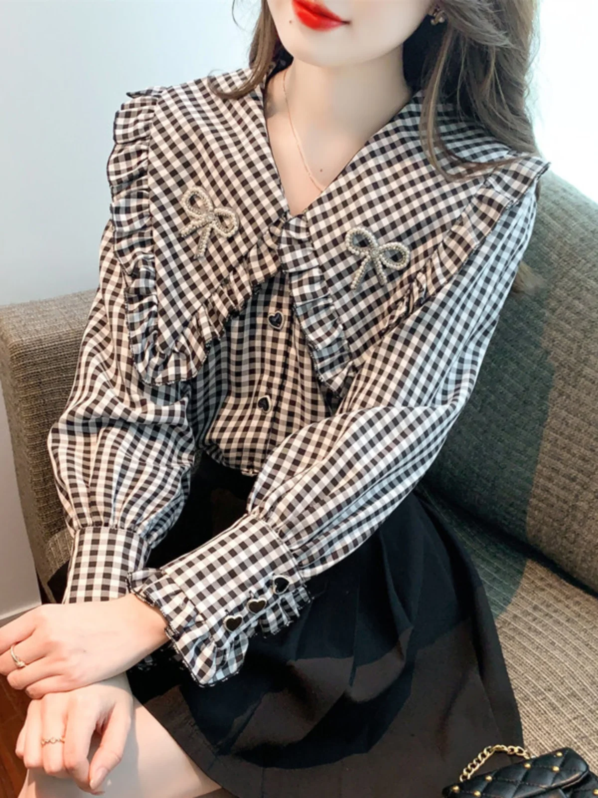 

Дизайнерский кардиган с длинными рукавами и пышными рукавами в клетку для ранней осени-зимы 2026 года, новая женская одежда