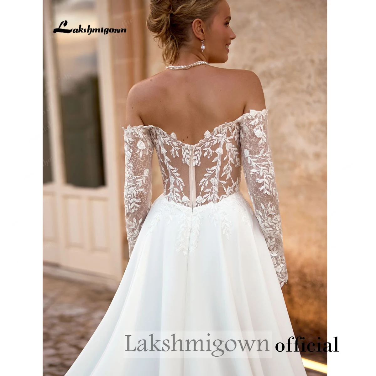 Schulterfreies, langärmliges Spitzen-Hochzeitskleid, rückenfrei, mit hohem Schlitz, aus Chiffon, A-Linien-Schnitt, Brautkleid mit Schleppe, Vestido De Novia, nach Maß gefertigt. – Detail 7