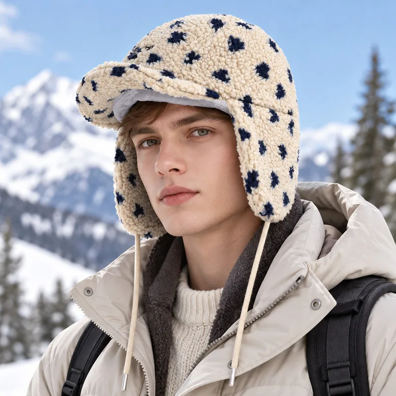 winter outdoor windproof warm ear covering hat korean style lamb wool beret unisex adjustable ties manufacturer direct wholesale
