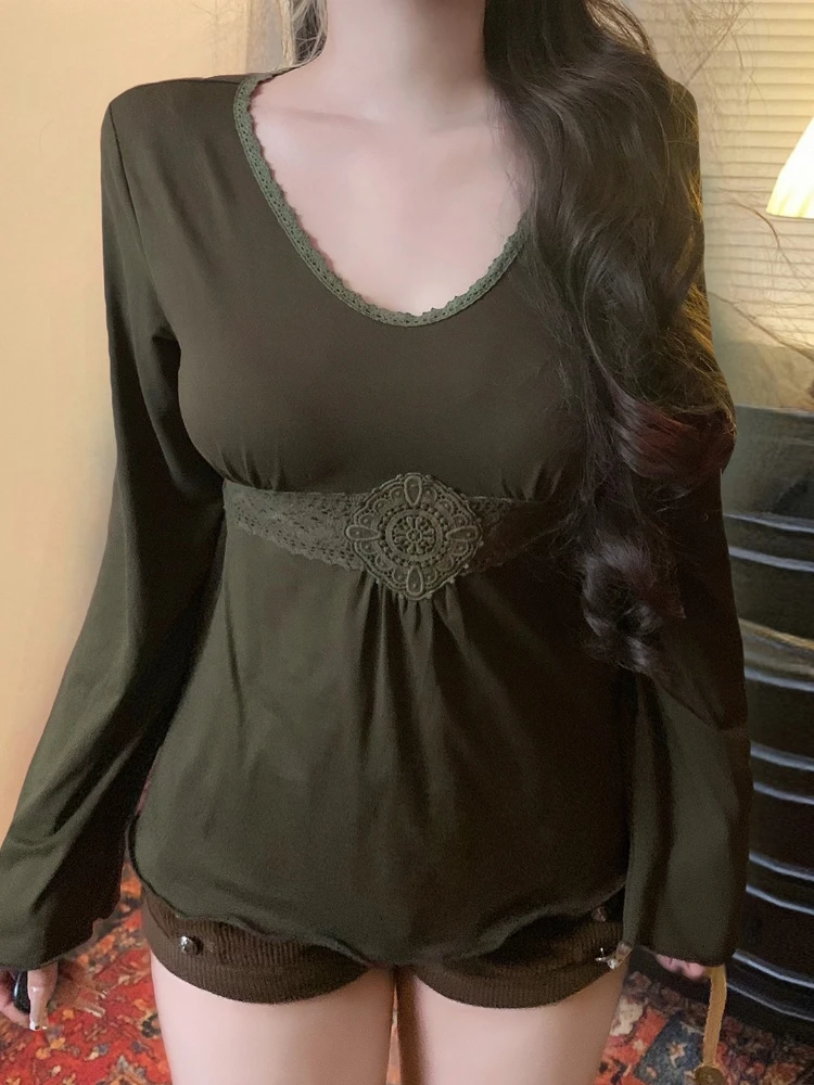 

Korobov Indie Folk American Retro Patchwork O Neck Long Sleeve Solid Slim Drawstring T-Shirts