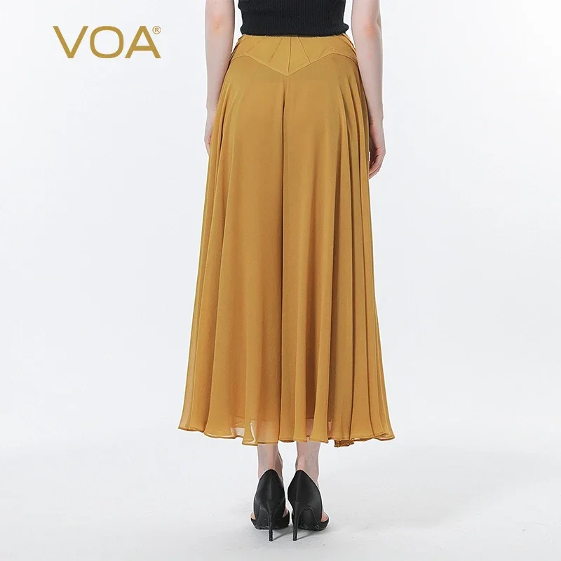 VOA  Georgette Brown Natural Waist Stitching Three-dimensional Loose-leaf Decoration  Double-layer Loose Wide-leg Trousers KE519