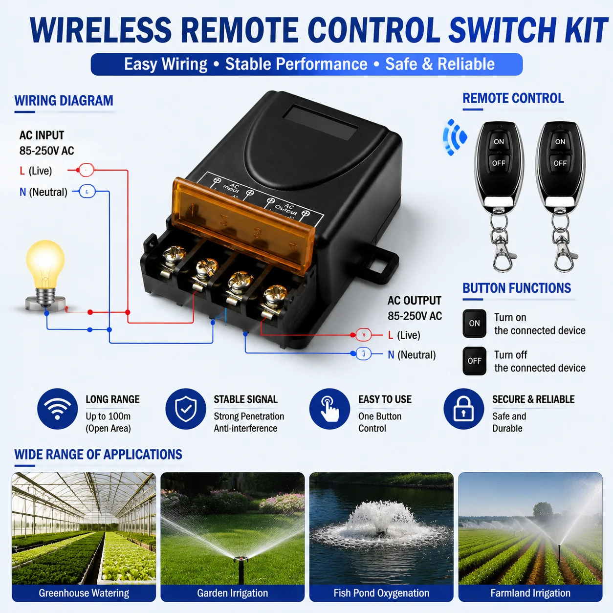 433MHz AC 110V 220V Wireless Remote Control Light Switch 30A Mini RF Relay Module 100 Meters Transmitter For Led Lamp Fan ON/OFF