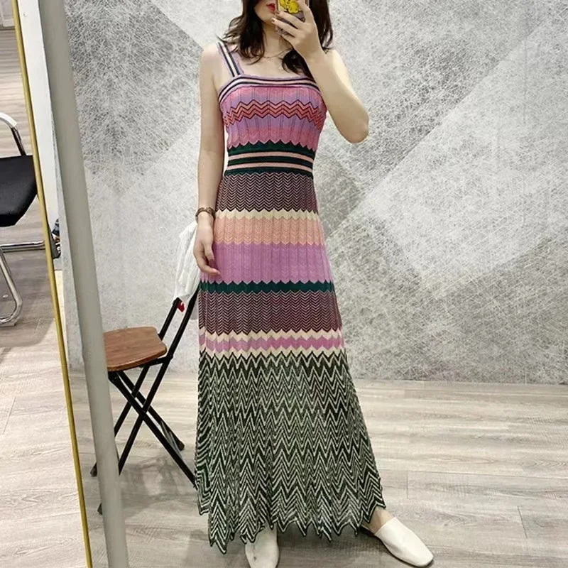 

Women Wavy Slip Knit Dress Pleated Ethnic Style Sleeveless Slash Neck Colorful Slim Female Sling Midi Robe