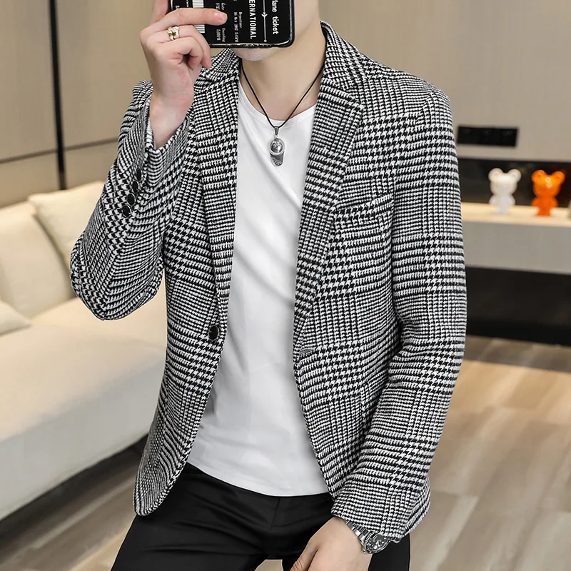 New Simple Atmosphere Men\'s Small Suit Korean Version Slim Top Handsome Casual Plaid Single Suit Trend Formal Coat Men