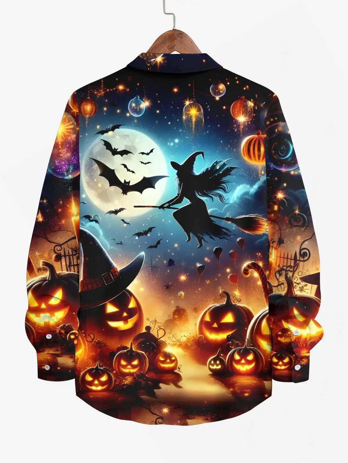 Disfraz de Halloween de talla grande para hombre, camisa de manga larga con estampado de calabaza, murciélago, Luna, mago y galaxia, vestido Vintage de los años 1950 y botones