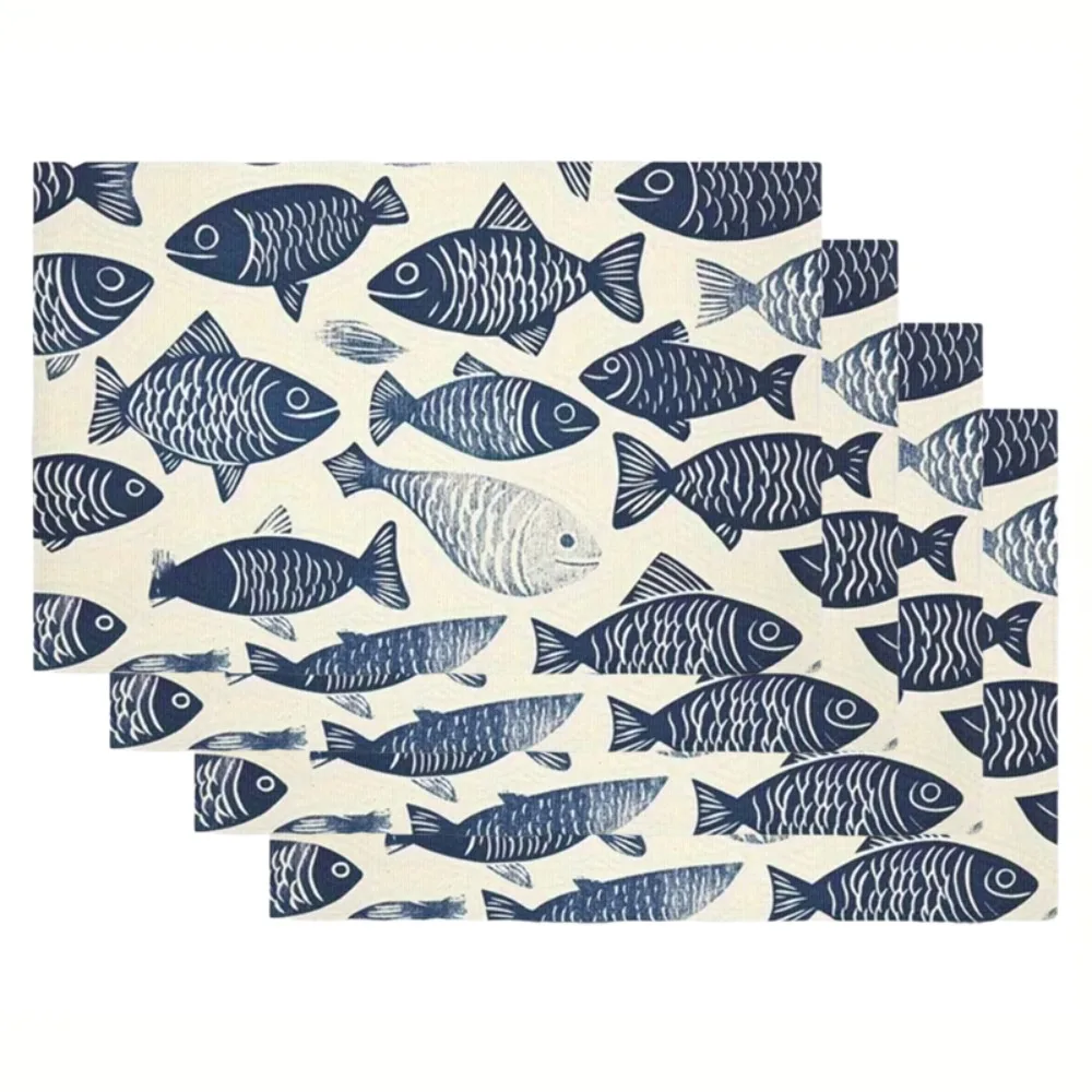 4PCS 2D Fish Pattern Place Mat Linen-like Texture Stain-resistant Table Mat Non-Slip Colorful Print Atmosphere Placemat