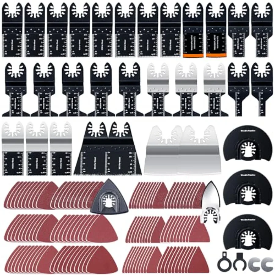 

Pack Oscillating Saw Blades, Oscillating Tool Blades with Sandpaper, Multitool Bi-Metal Blades Kits for Wood Metal Plastics Qui
