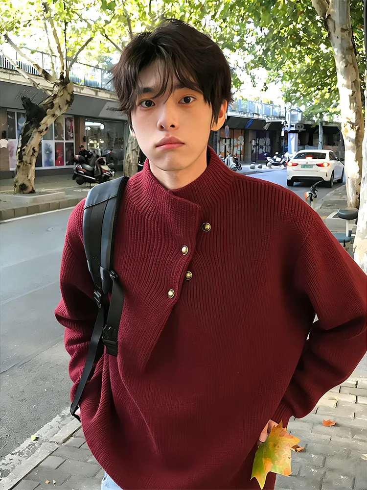 

American Sle High Collar Knitted Sweater Men's Loose Fit Autumn Winter Lazy Sle Inner Wear Old Money Sle Asymmetric Bas...