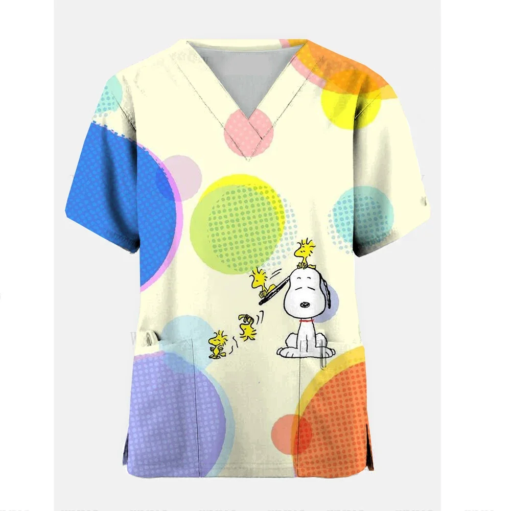 Snoopy Tshirt Cartoon Women Uniform Print Pocket Blouse Short Sleeve Womene Vneck Tops Nurse Uniform Shop Workwear Heathcare ﻿