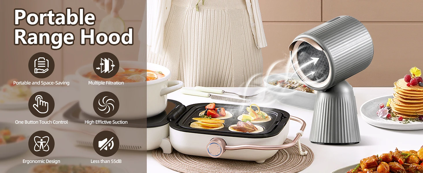 Topstrong Tragbarer Dunstabzugshaube mit 3 Geschwindigkeiten, leiser 55-dB-Küchenabluftventilator für Grill/Hot Pot, abnehmbare Filter, EU-Stecker (grau) – Detail 1
