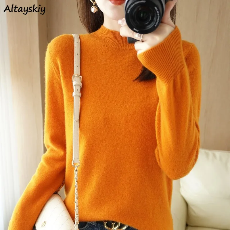 

Slim Pullovers for Women Spring Autumn Tops Elegant Female Soft Long Sleeve Stand Collar Simple Design All-match Long Sleeve