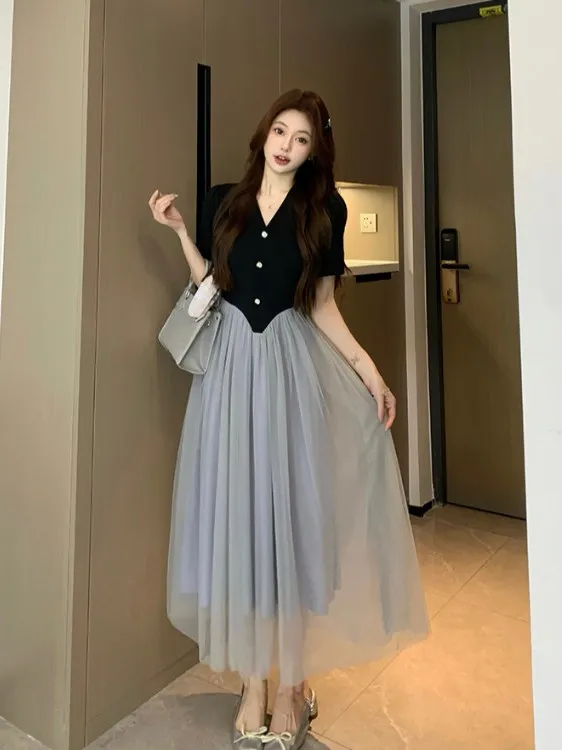 

plus Size Women's Hepburn Sle Color Blo V-Ne Dr Summer New Waist Cinching Meat Covering Long Skirt Commute Sle