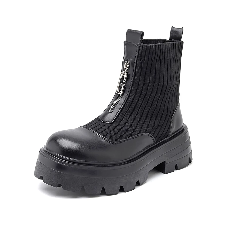 Sepatu Bot Pendek Pria Sepatu Kulit Ritsleting Tinggi Bersol Tebal Inggris Sepatu Sepeda Motor Ujung Bulat Modis Kualitas Tinggi