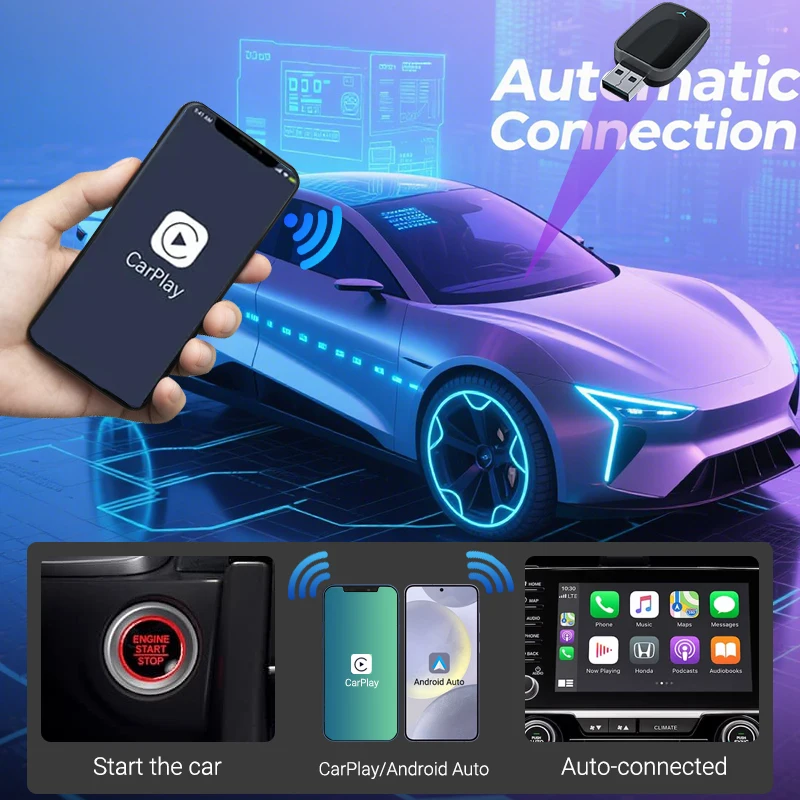 محول صغير XUDA 2in1 AI Box سلكي إلى Carplay اللاسلكي وAndroid Auto متوافق مع 99% من توصيل السيارات والتشغيل WiFi Smart Dongle