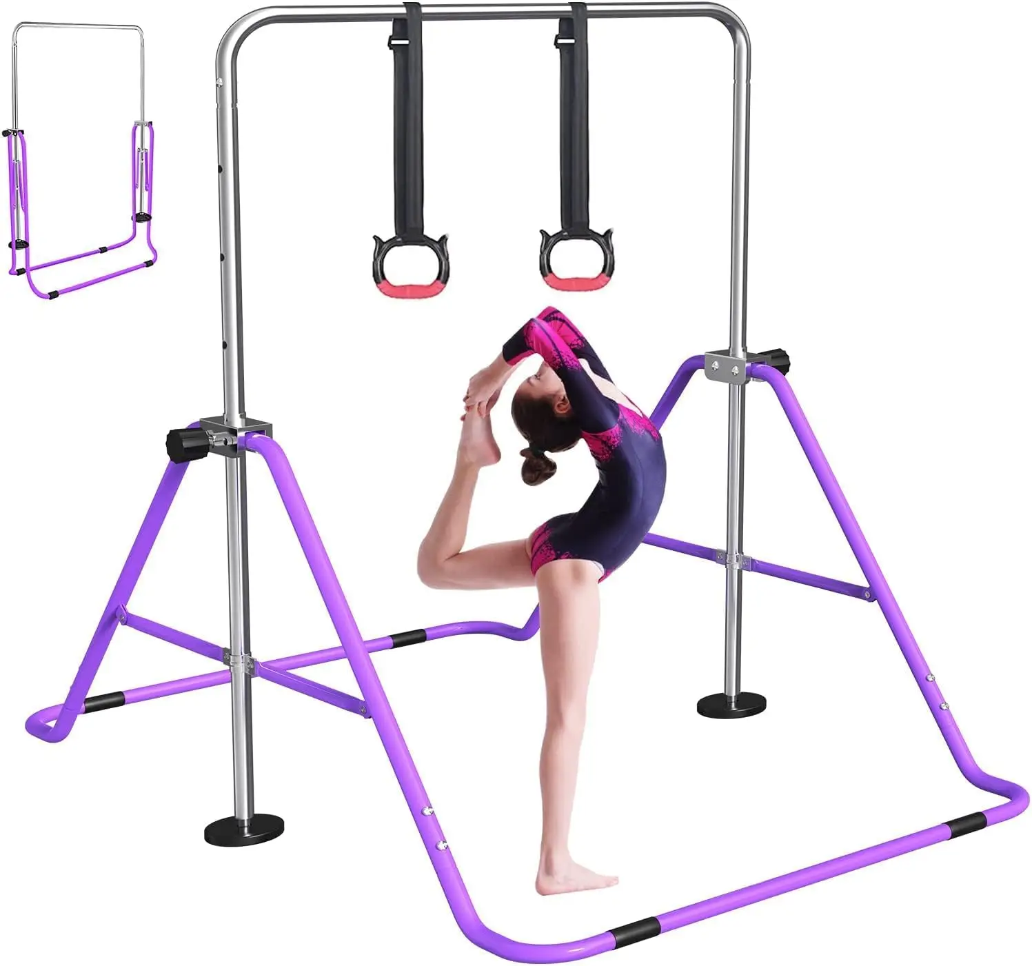 Gymnastics Bar for Kids with Rings，Adjustable Height Gymnastic Horizontal Bars,Junior Training Bar Children Folding Training Mon