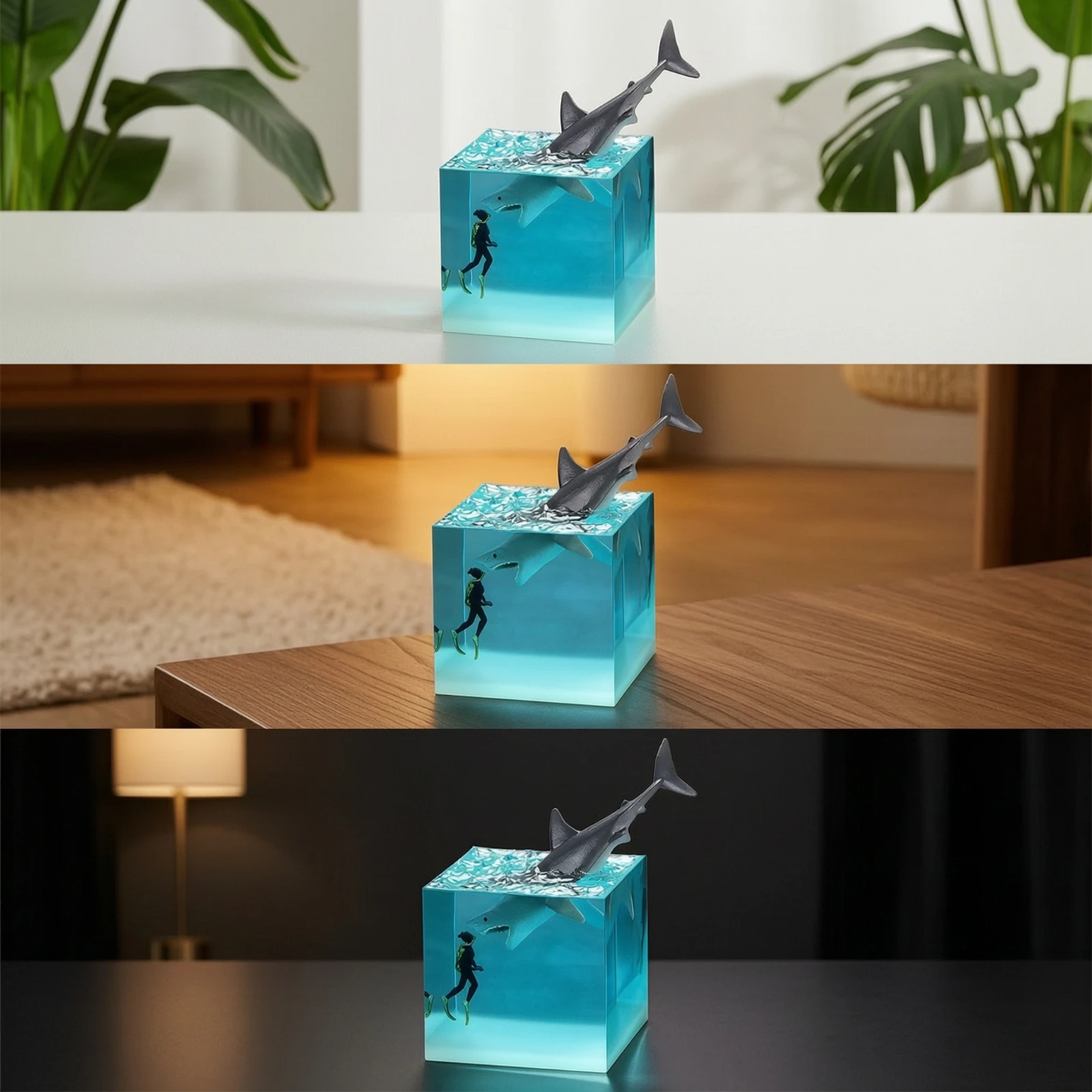 Resin Cube with Diver Glowing Resin Ornament with Cetacean Cetacean Ornament Tabletop Underwater Decoration Compact for Divers view 3