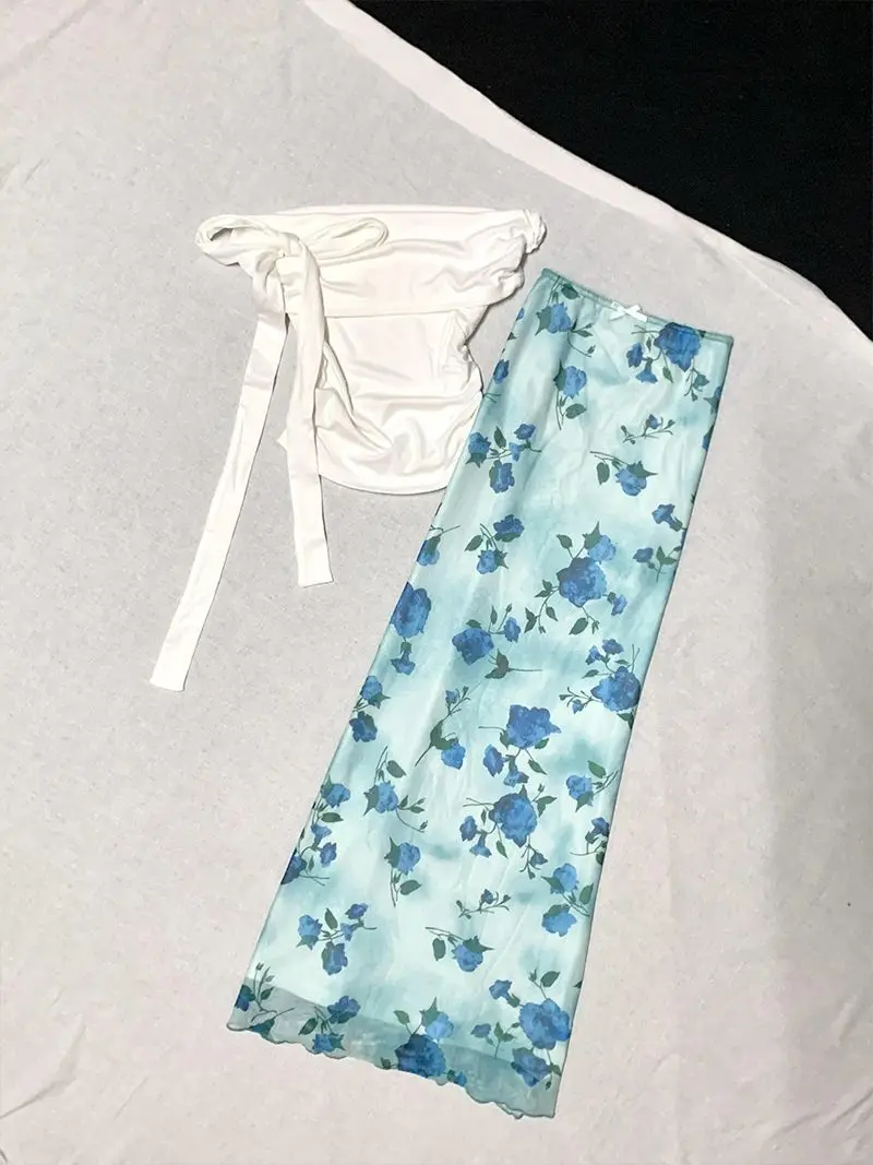

Womens Two Peice Sets Summer High-end Pure Sexy Style One-shoulder Strap Short-sleeved T-shirt Top High Waist Slim Floral Skirt