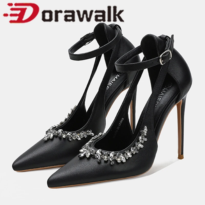 

Модные туфли-лодочки из матовой черной натуральной кожи с блестящими кристаллами на очень высоком каблуке с пряжкой и ремешком, модельные рабочие туфли, женские туфли