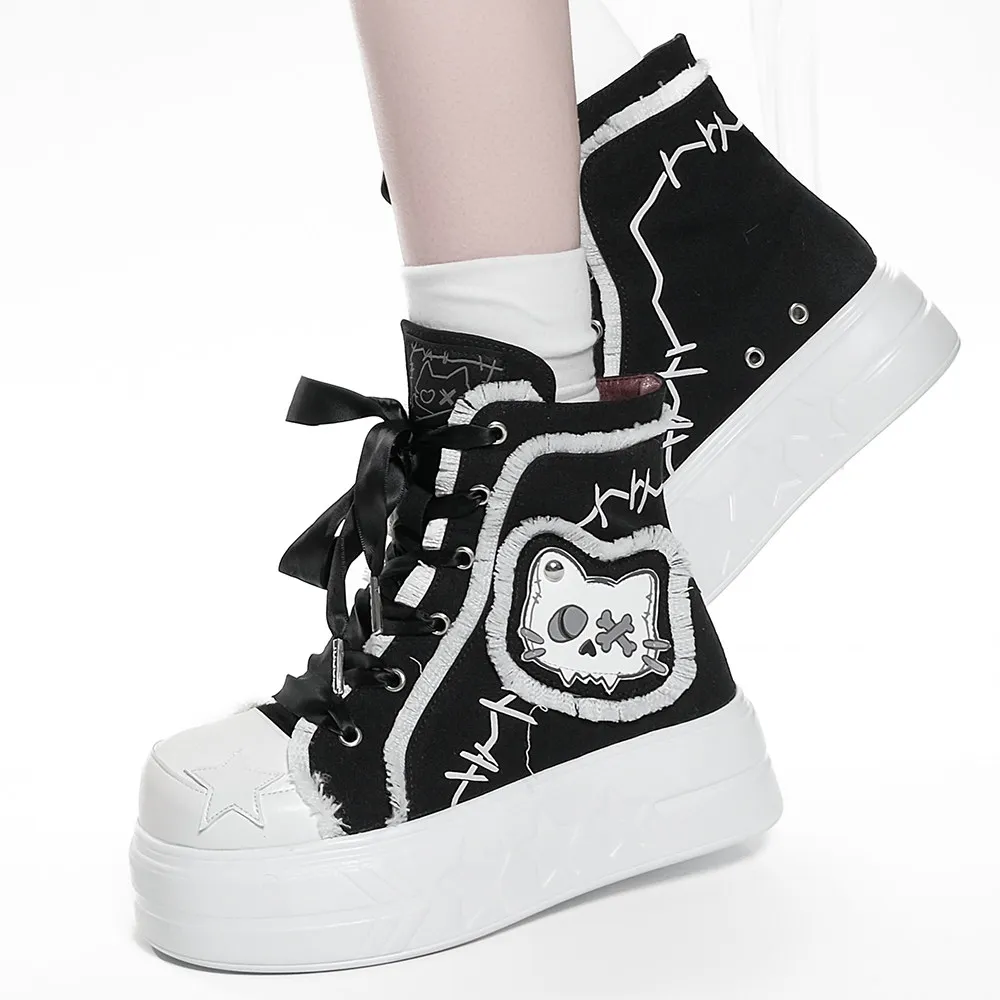 Keleton Cat Original High Top Canvas Shoes Women Kawaii Thick Sole Platform Sneakers Harajuku Graffiti Style Casual Shoes
