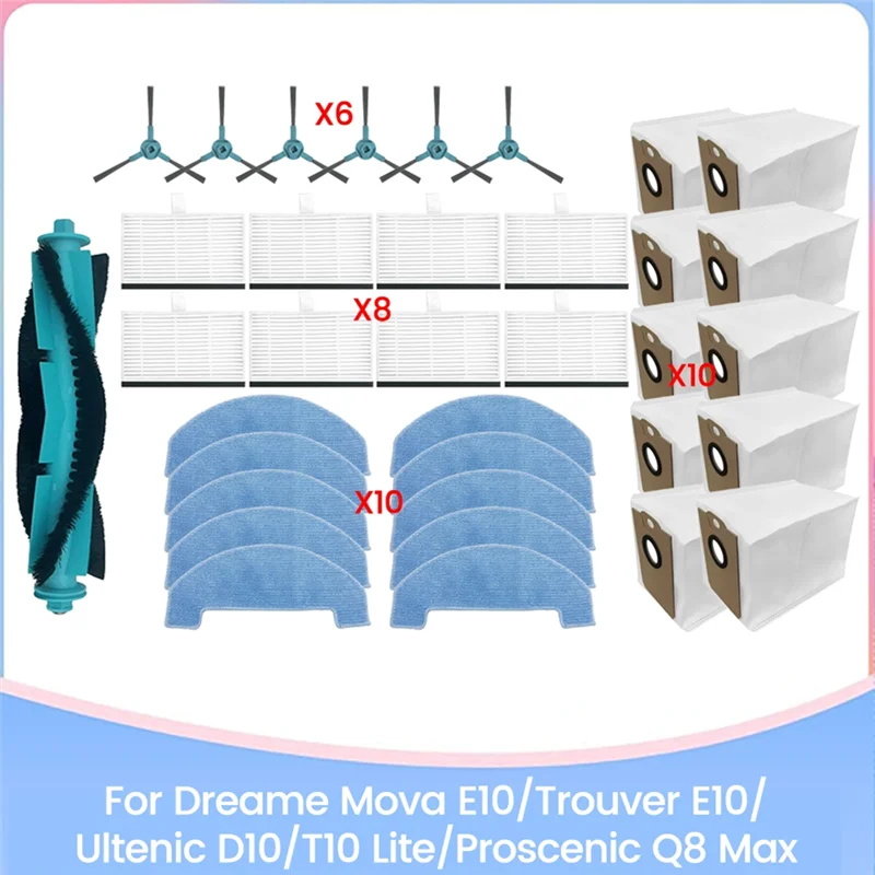 35 قطعة ل Dreame Mova E10/Trouver E10 Ultenic D10/T10 Lite Proscenic Q8 ماكس اكسسوارات عدة فرشاة فلتر HEPA ممسحة كيس لجميع الغبار