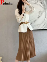 Korean Elegant 2 Piece Sets Women Office Long Sleeve Suits Coats Tops Conjuntos Spring Fall High Waist Pleated Skirts Outfit New