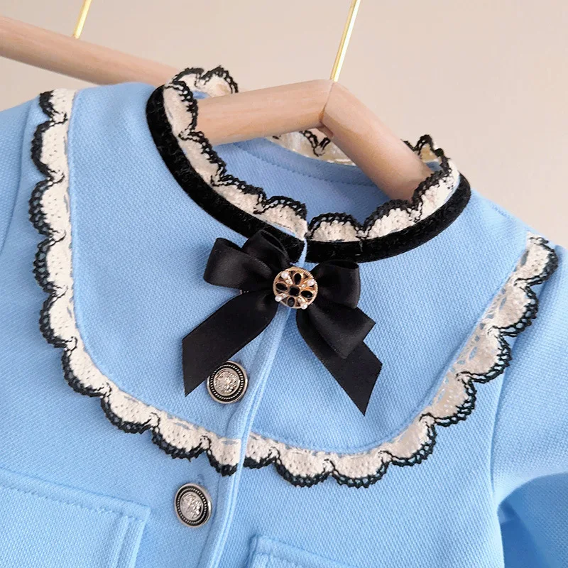 Childrens Set 2024 Autumn New Girl French Doll Collar Single Breasted Buckle Soft Solid Color Tops Casual Pants Two Piece Set image 3