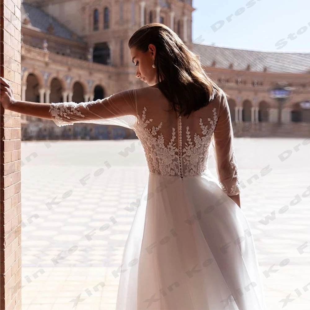 Vestidos de novia de corte en A para mujer, ropa de manga larga con Apliques de encaje, Sexy, cuello redondo, abertura lateral, Formal, 2024