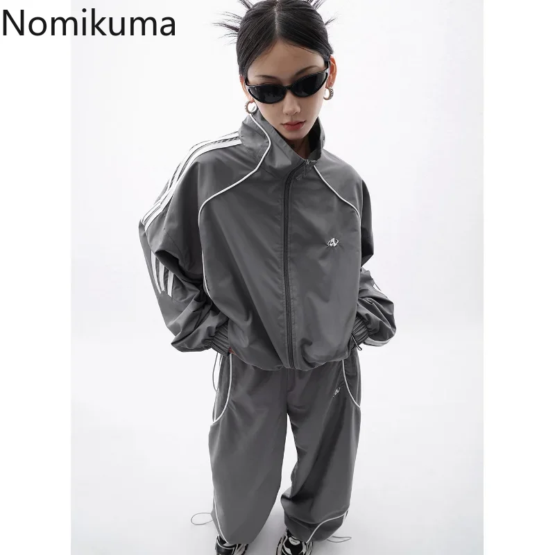 Nomikuma Stand Neck Long Sleeve High Waist Drawstring Jacket + Wide Leg Contrast Pants Female Harajuku Street Two Piece Sets