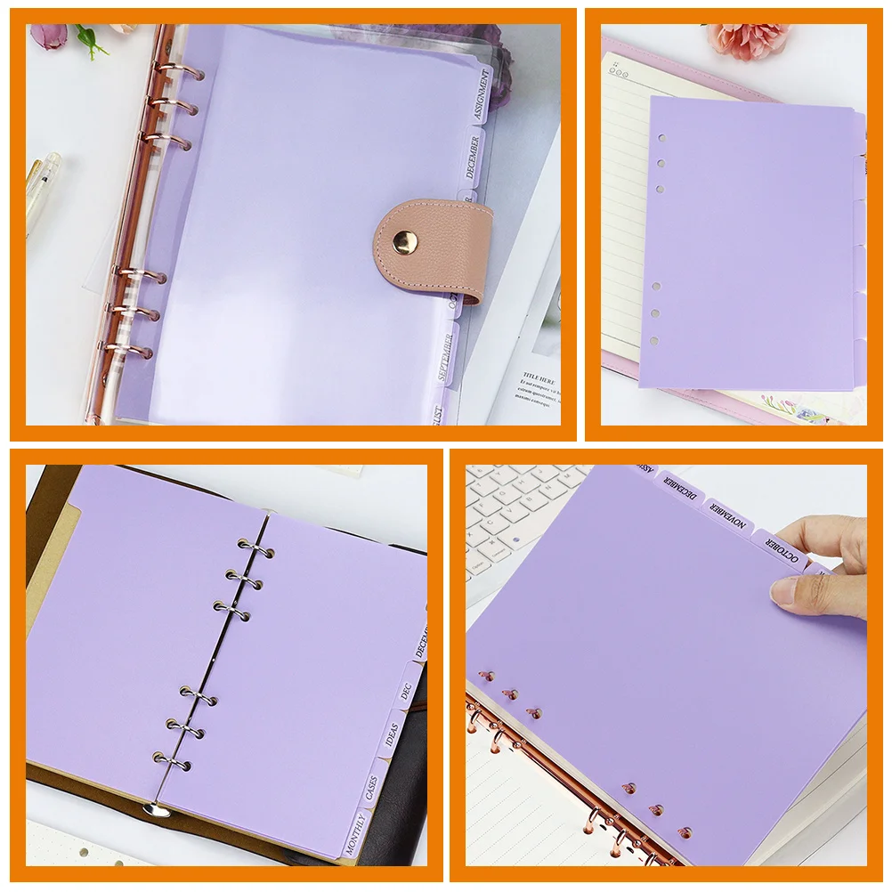 Séparateurs de reliure en PP violet, 6 trous, onglets pour carnet de notes A4, séparateurs, Pages d'index inscriptibles, diviseurs de notes colorées en plastique, 6 pièces