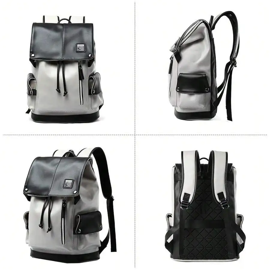 Leather Laptop Backpack For Men Vintage Style Waterproof Drawstring Backpack 15.6 Inch Fit Daily Business Travel