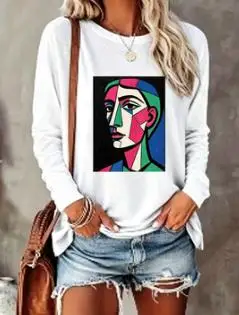 Women's Crew Neck Long Sleeve T-Shirt Picasso Abstract Face Art Print Casual Loose Fit White Tops