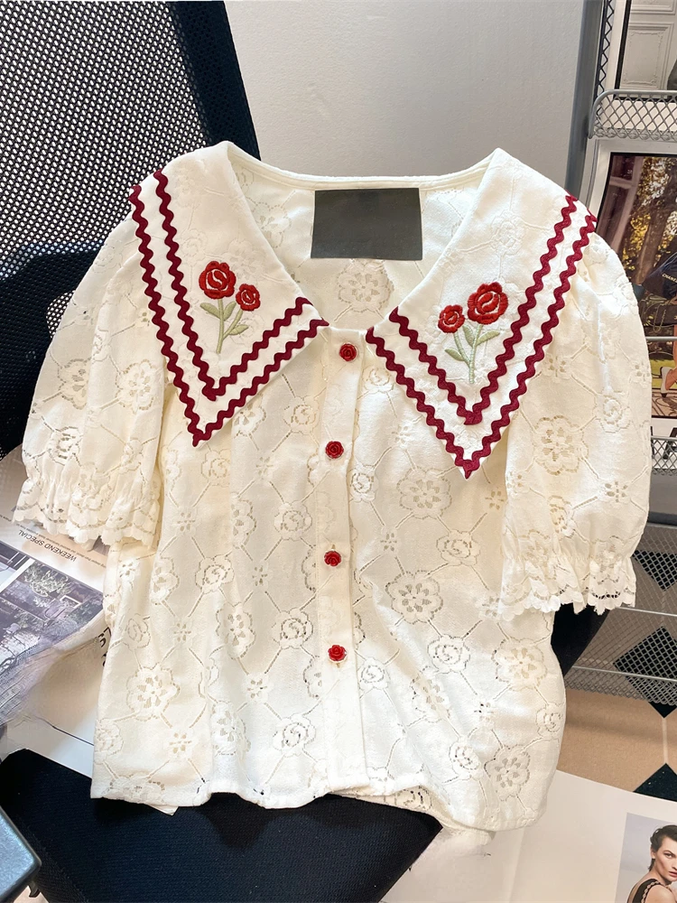 French Small Fragrance Blouses Peter Pan Collar Puff Sleeve Flower Embroidery Crop Tops Shirts Summer Sweet Women Clothing 2024