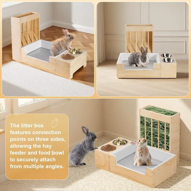 for Essenhome Extra Large 3 in 1 Adjustable Wood Rabbit Box Hay Feeder Bowls Set Mess Proof for Guinea Pigs