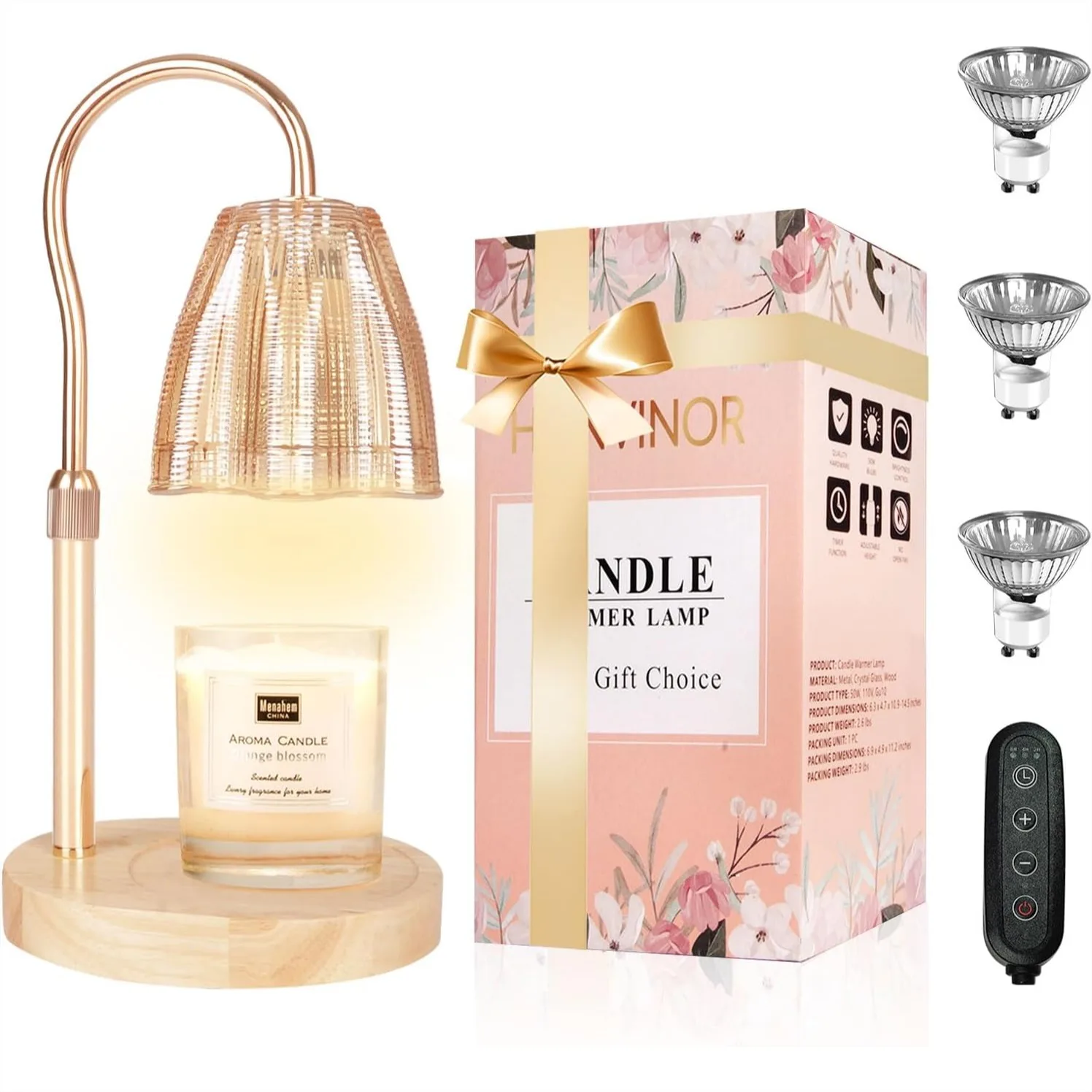 

Candle Warmer Lamp with Timer & Dimmer, Height Adjustable, Fits All Jar Candles, Includes 3 Bulbs, Gift Box