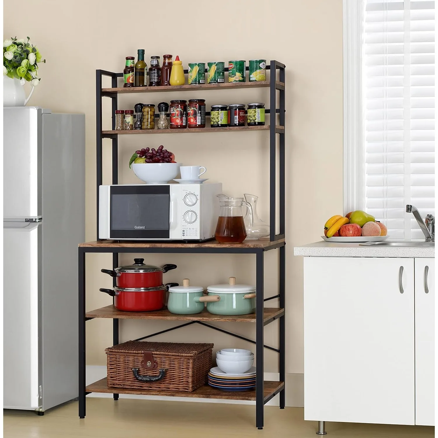 Kitchen Bakers Rack with Storage, Freestanding Microwave Oven Stand with Hutch, Wood Kitchen Rack with Shelves for Living