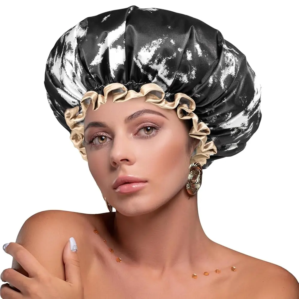 

Large Shower Cap for Women Men Reusable Waterproof, Double Layer Adjustable Hair Cap with Elastic Band for Long Hair & Braid