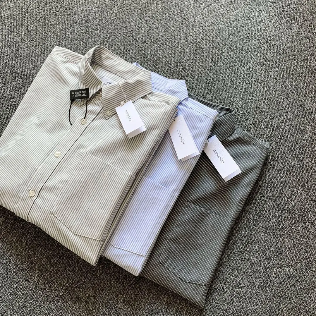 

Stripe Nanamica Embroidery Label Long Sleeve Shirt Pockets Japanese Men Women High Quaity Casual Loose V-shape Shirt Clothes