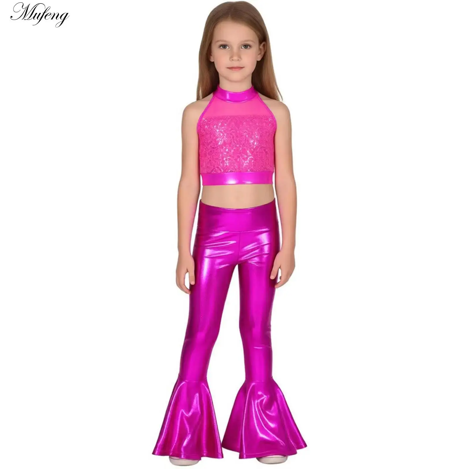 

Teens Girls Jazz Latin Dance Outfit Kids Hippie Show Performance Prom Party Costume Sleeveless Shiny Sequin Crop Top with Pants