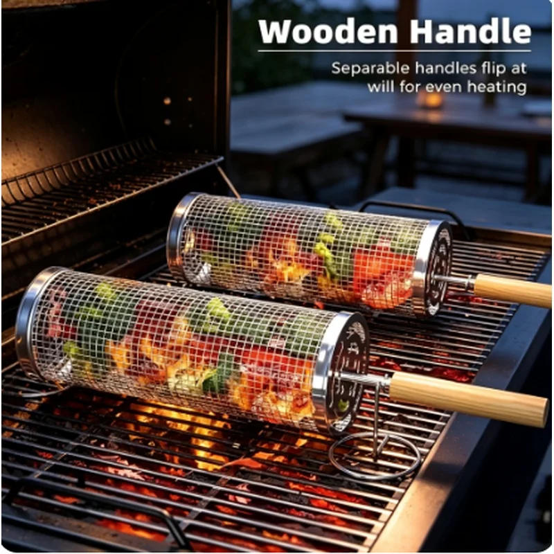Round Stainless Steel Rolling BBQ Grill Basket Wire Mesh Cylinder Grilling Cage Outdoor Camping Barbecue Accessory Set