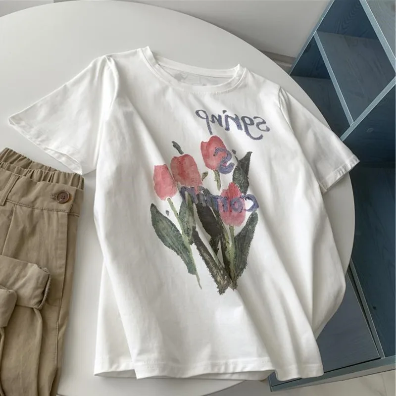 

Summer Vintage Printed Short Sleeve T-shirt Women Round Neck Loose Casual Cotton Tops