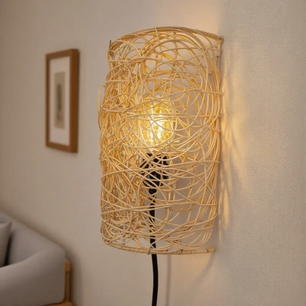 手織りラタンウォールランプ-調光機能付きオン-オフスイッチ-プラグインランプ-ラスティックボヘミアンヴィンテージウォールスコンス-ベッドサイド-レストラン用-e27