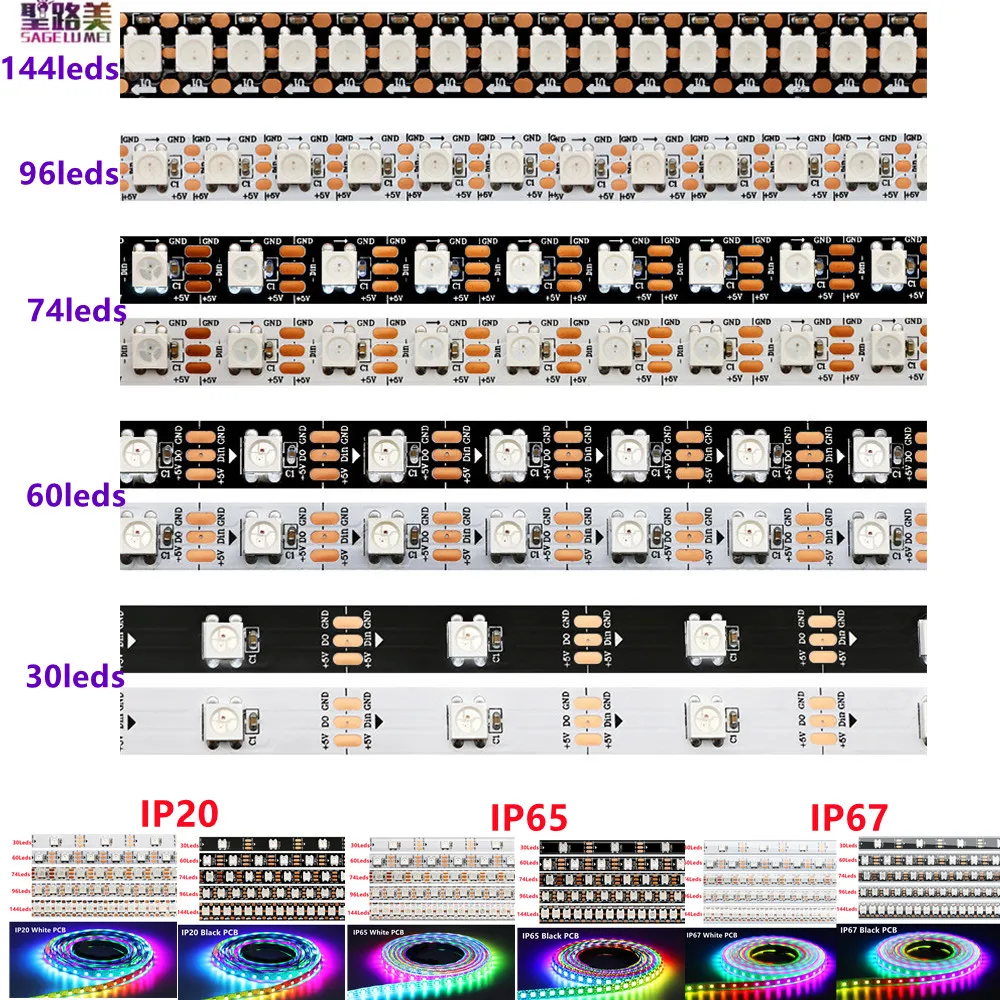 

Светодиодная RGB лента WS2812B SMD5050, 5 в постоянного тока, 30/60/74/96/144 пикселей